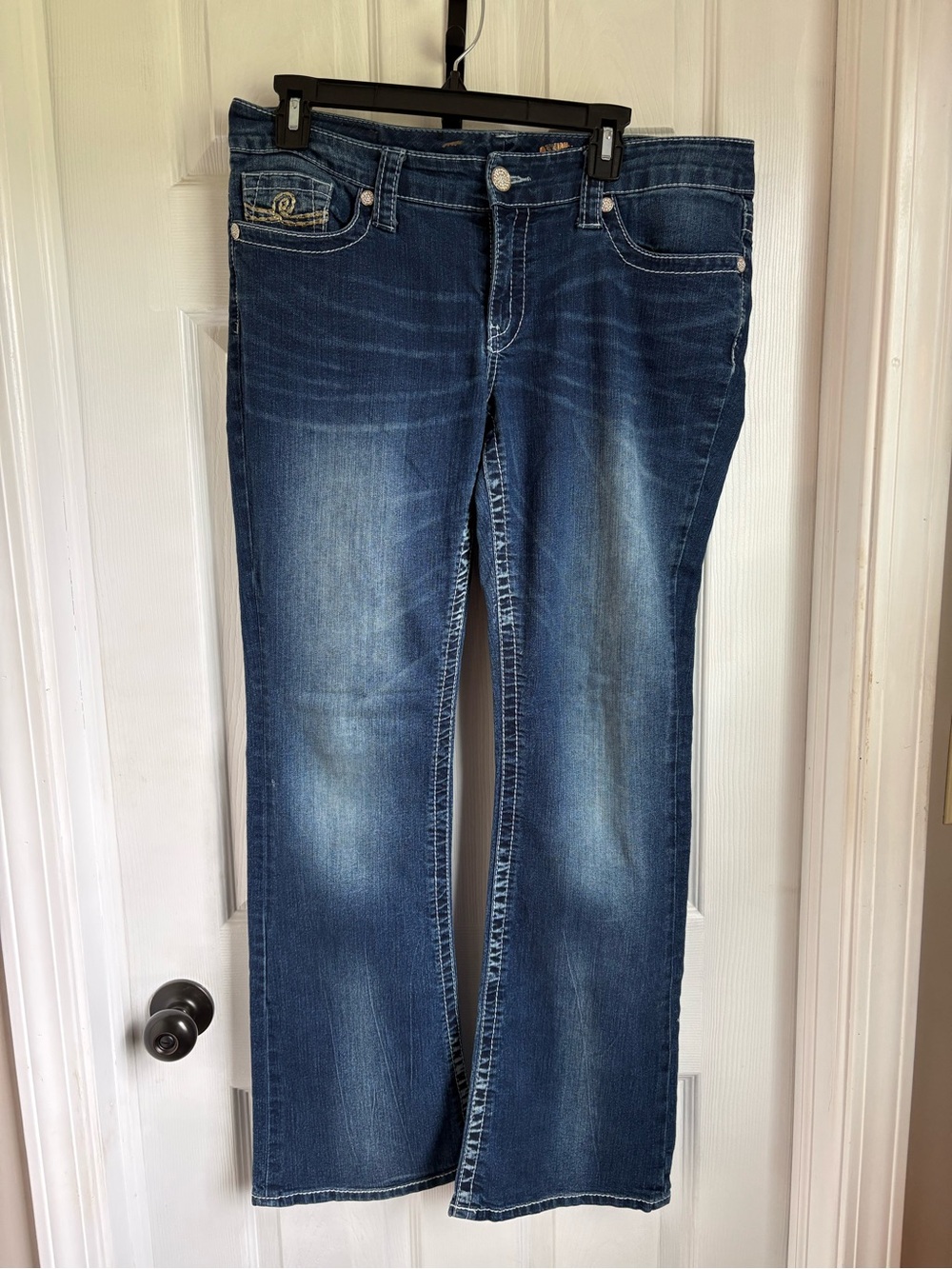 Seven 7 Womens Blue Stretch Bootcut Jeans Flare Swirl Pocket Bling detail Sz 12